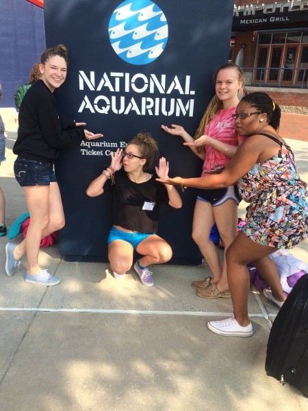 Other volunteers and I strike a pose in front of the National Aquarium logo.