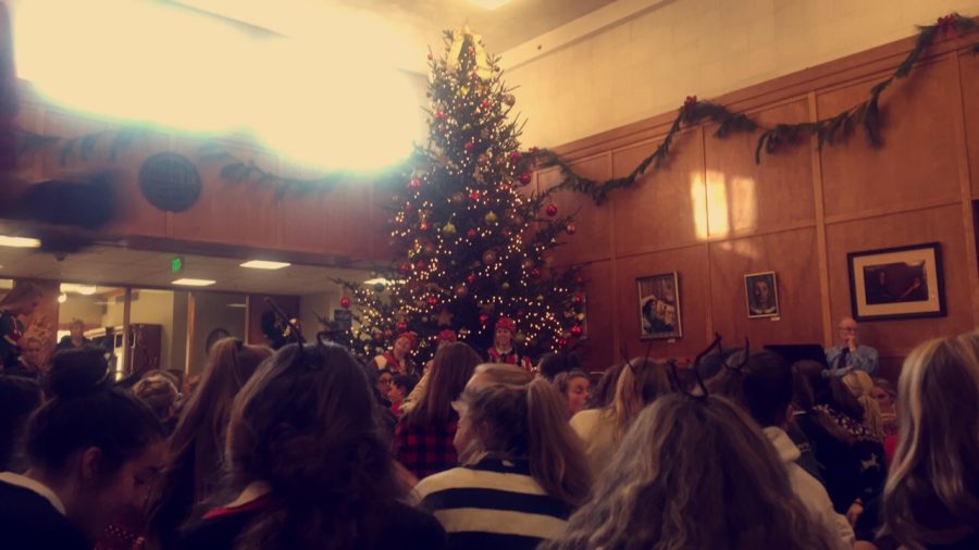 The 20 ft. tree and students sitting around it in the foyer