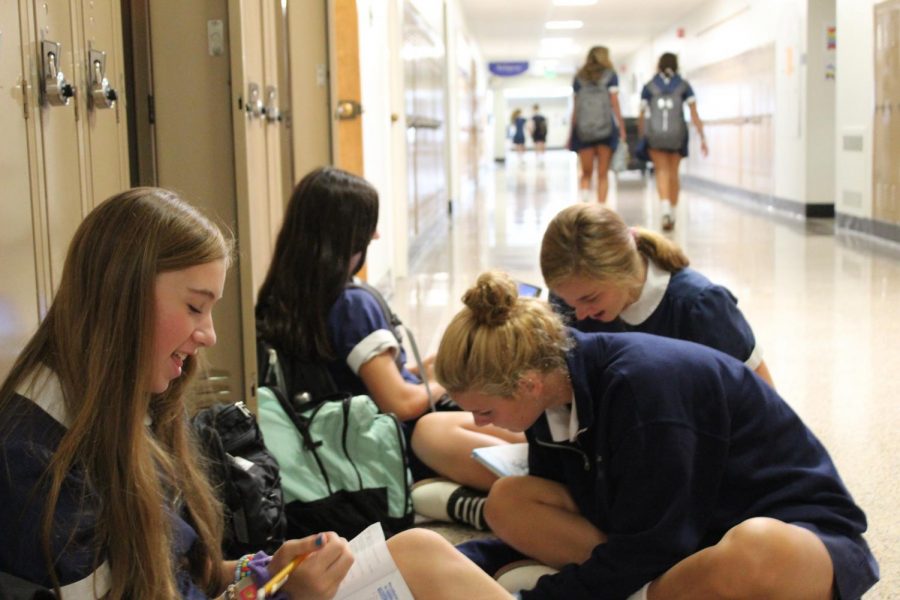 Members of the Class of 2022 work on their homework in the Science wing.