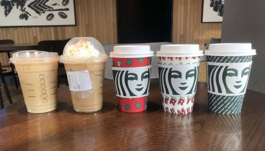 The lineup of holiday drinks available at Starbucks.