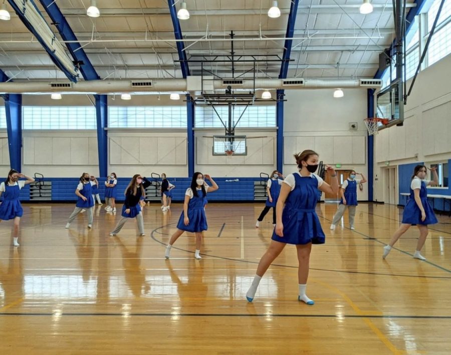 Sophomores practicing dance in the New Gym in preparation for Gym Meet. Photo credit: Ms. Carrie Burns.