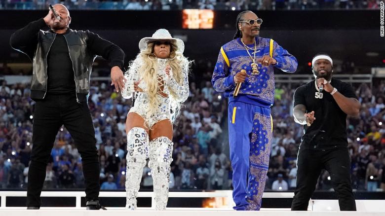Dr. Dre from left, performs with Mary J. Blige, Snoop Dogg and 50 Cent during halftime of the NFL Super Bowl 56 football game between the Los Angeles Rams and the Cincinnati Bengals Sunday, Feb. 13, 2022, in Inglewood, Calif. (AP Photo/Chris OMeara)