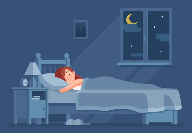 Person sleeping at night. Woman sleep in bed under duvet. Girl bedroom home interior, bedding sleeping dream relax cartoon vector concept