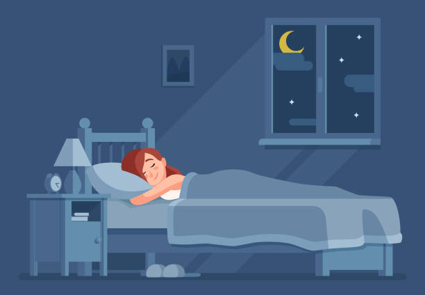 Person+sleeping+at+night.+Woman+sleep+in+bed+under+duvet.+Girl+bedroom+home+interior%2C+bedding+sleeping+dream+relax+cartoon+vector+concept